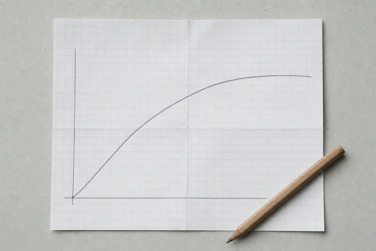 Handgezeichnete Kurve auf Millimeterpapier, die zunächst steil ansteigt und dann abflacht, daneben ein angespitzter Bleistift