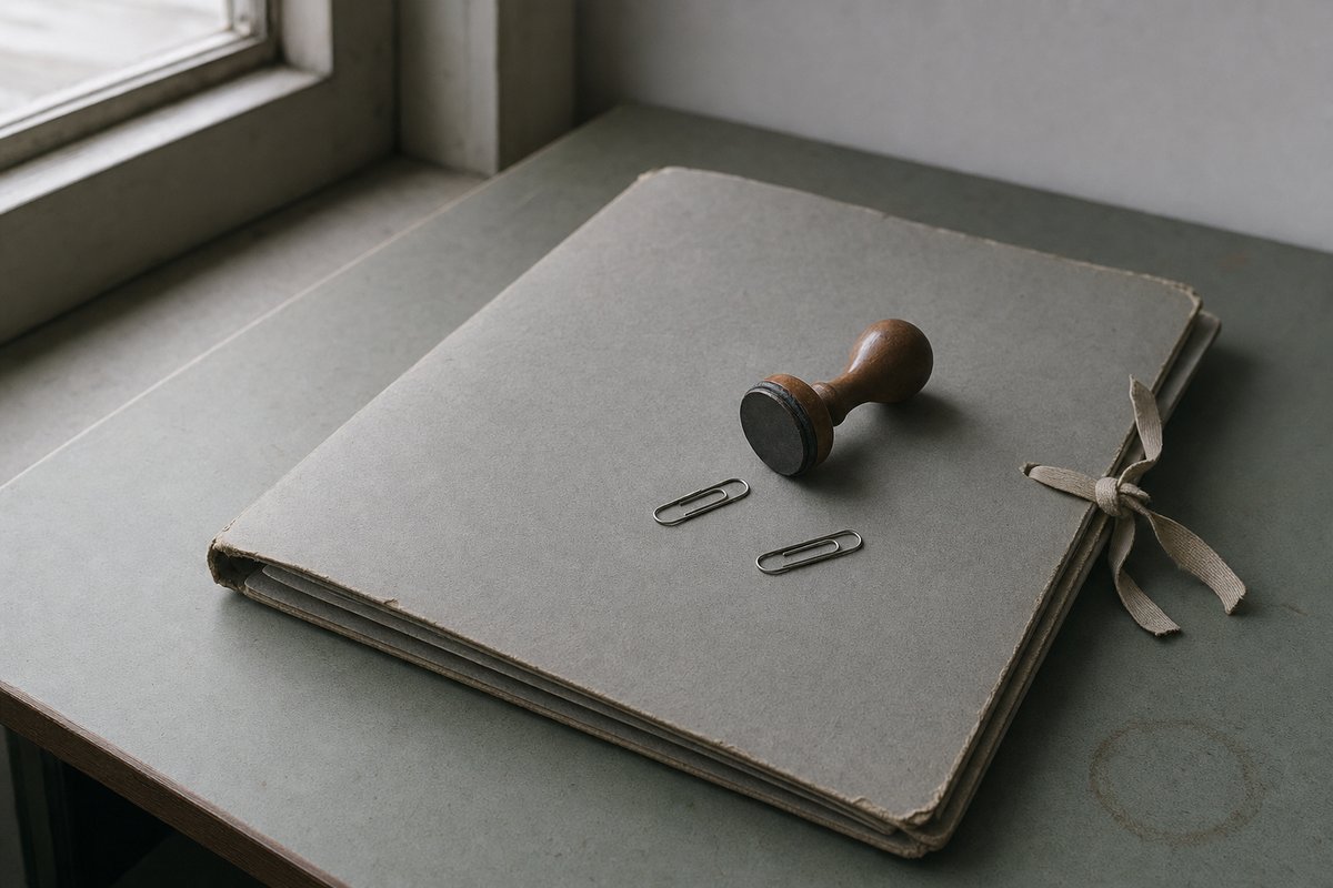 Geschlossene graue Archivmappe mit zugebundenen Stoffbändern auf einem Bürotisch, darauf ein Stempel mit Holzgriff und zwei Büroklammern