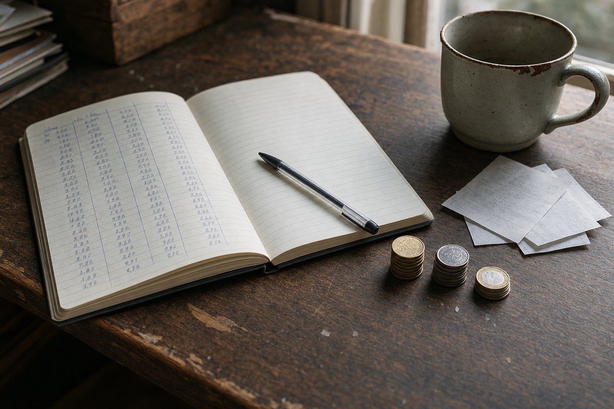 Aufgeschlagenes Notizbuch mit handschriftlichen Zahlenspalten auf einem abgenutzten Holztisch, daneben ein Kugelschreiber, drei kleine Münzstapel, mehrere Belege und eine Tasse