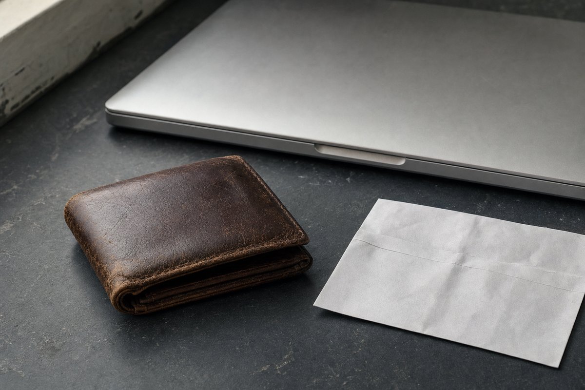 Abgenutzte braune Lederbrieftasche, geschlossen, auf einer dunklen Schieferfläche, dahinter ein zugeklappter silberner Laptop und daneben ein leeres gefaltetes Blatt Papier