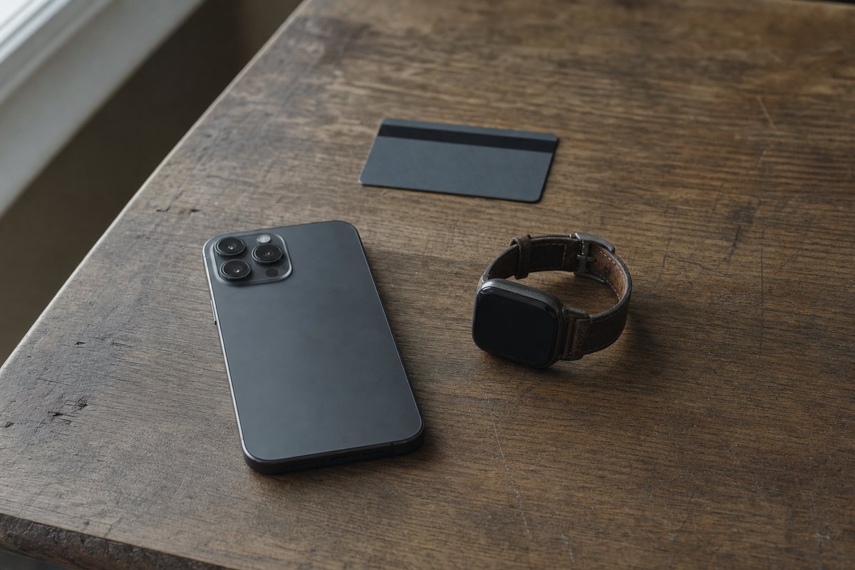Dunkles Smartphone mit der Rückseite nach oben auf einer zerkratzten Holzplatte, daneben eine Smartwatch mit schwarzem Display an einem Lederarmband und eine umgedrehte Bankkarte