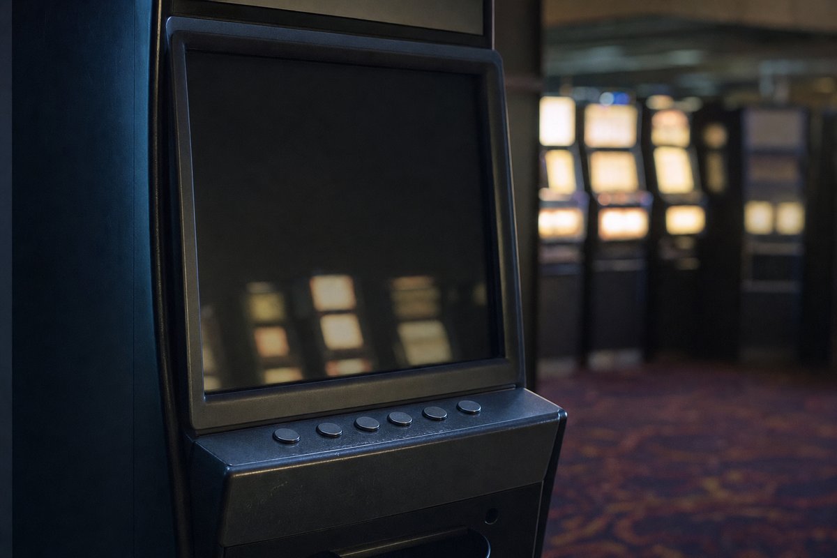 Ausgeschalteter Geldspielautomat mit dunklem Bildschirm in einer abgedunkelten Spielhalle, im Hintergrund unscharf weitere beleuchtete Geräte