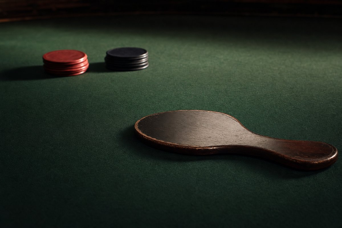 Hölzerne Croupier-Palette auf glattem grünem Filz, im Hintergrund zwei Stapel einfarbiger Jetons