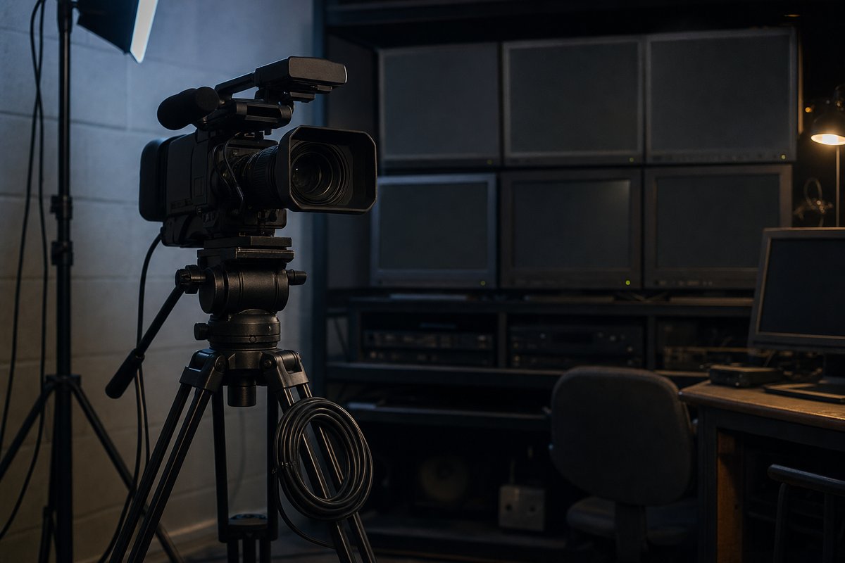 Professionelle Videokamera auf einem Stativ in einem Studio, dahinter eine Wand aus ausgeschalteten Kontrollmonitoren und ein aufgewickeltes Kabel