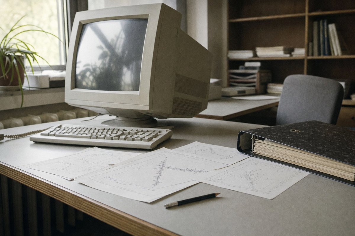 Schreibtisch in einem Statistik-Institut der 1990er-Jahre mit Röhrenmonitor, Tastatur und ausgedruckten Streu- und Liniendiagrammen