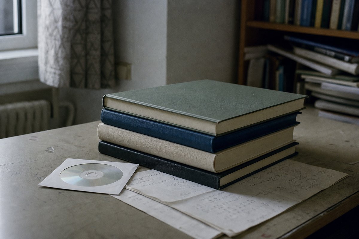 Stapel gebundener Fachbände auf einem Schreibtisch, daneben eine CD-ROM in einer Papierhülle und handschriftliche Notizen