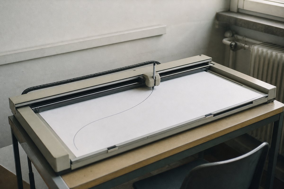 Flachbettplotter, der mit einem Zeichenstift eine glatte Kurve auf ein breites Blatt Papier zeichnet