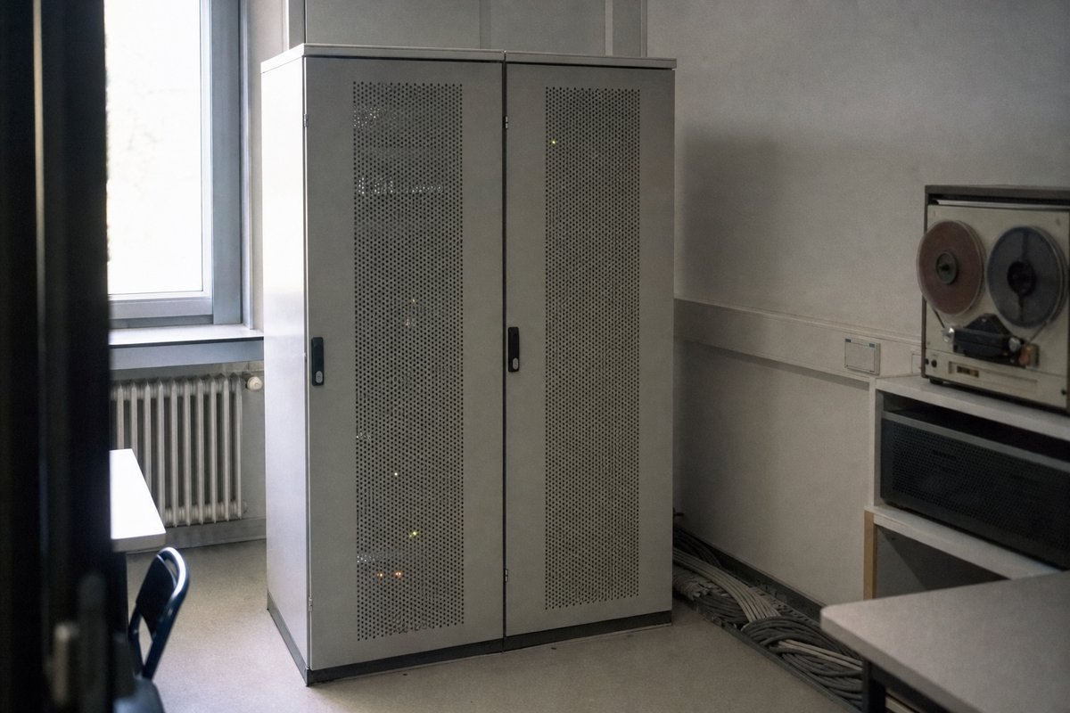 Kleiner Serverraum der späten 1990er-Jahre mit zwei Geräteschränken, einem Bandlaufwerk und gebündelter Verkabelung